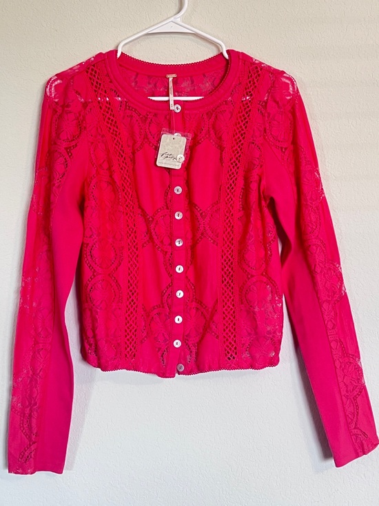Free People Tops - NWT Free People Rouged Cheeks Lace-Panel Hot Pink Coral Cardigan Sz M P2P 17”
